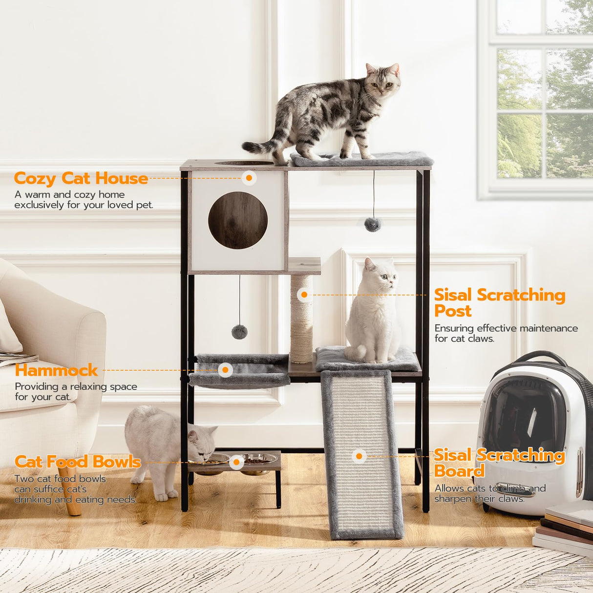 HOOBRO Wooden Cat Tree, Versatile Cat Tower with Scratching Post, Cat Hammock and Food Bowls, 4-Tier Pet House for Indoor Cats, Multi-Cat Families, Greige BG34MZ03 HOOBRO