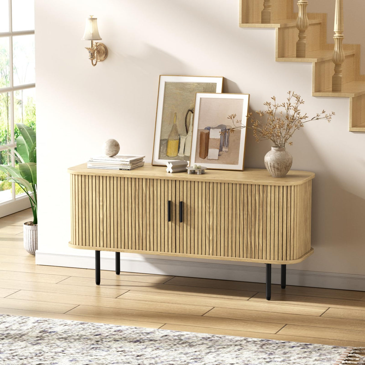 FiveWillowise 47" Natural Fluted TV Stand for TVs up to 60 Inch, Gaming Entertainment Center with Tambour Slatted Sliding Doors and Storage Cabinet, Media TV Consoles Table for Living Room, Office FiveWillowise