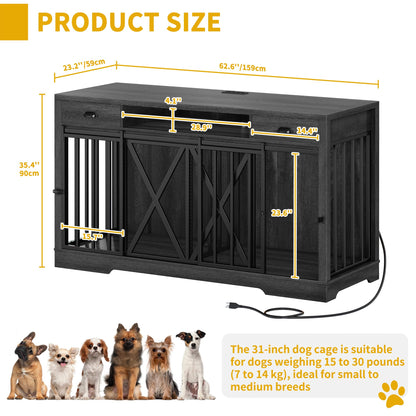 DWVO 63 Inch Double Dog Crate Furniture for 2 Dogs, Heavy Duty Wooden Dog Crate TV Stand with Charging Station, Dog Kennel Indoor Furniture Double Sliding Barn Door Design Ideal for 2 Dogs, G - WoodArtSupply