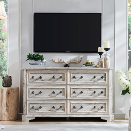 T4TREAM Farmhouse 6 Drawers Dresser for Bedroom, 54" Wide Wood Rustic Chest of Drawers with Natural Texture, Vintage Design, Storage Dressers Organizer for Bedroom, Living Room, Distressed White T4TREAM