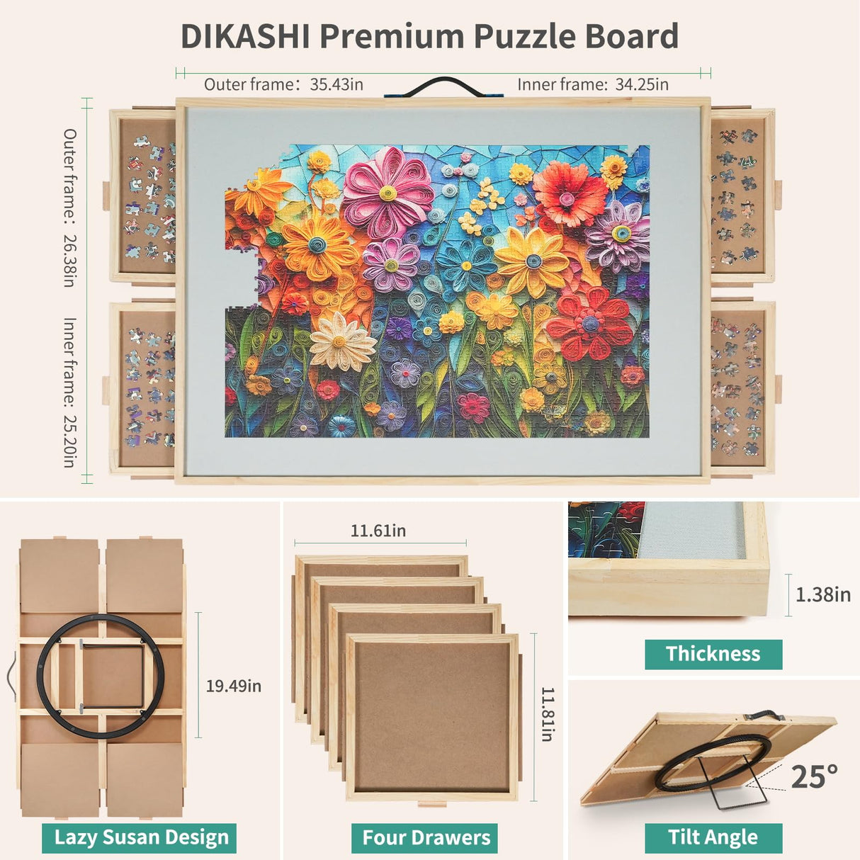 DIKASHI 1500 Pieces Tilting & Rotating Puzzle Board, 34.25" × 25.2", Portable Jigsaw Puzzle Table for Adults with 4 Drawers & Protective Cover, Ideal Gift for Mum DIKASHI