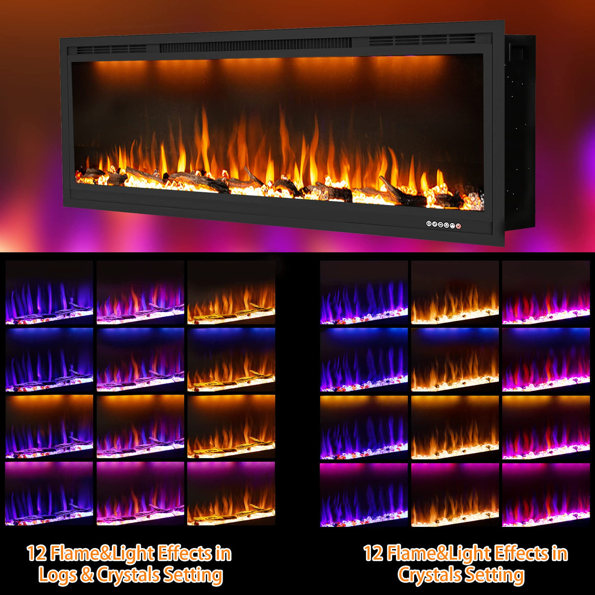 Dreamflame Electric Fireplace 74 inch, Recessed Wall Mounted Fireplace Heater, Logs & Crystal, Multicolor Flame Combinations, Overheating Protection, Black (74") Dreamflame