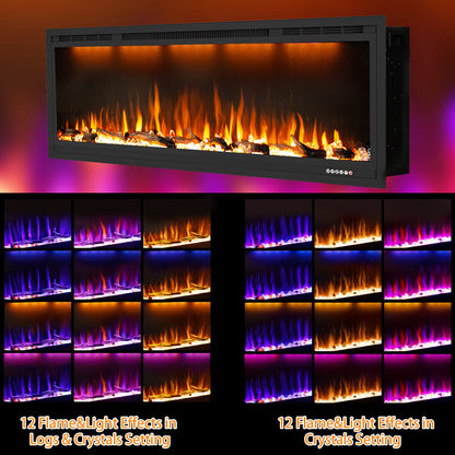 Dreamflame Electric Fireplace 74 inch, Recessed Wall Mounted Fireplace Heater, Logs & Crystal, Multicolor Flame Combinations, Overheating Protection, Black (74")