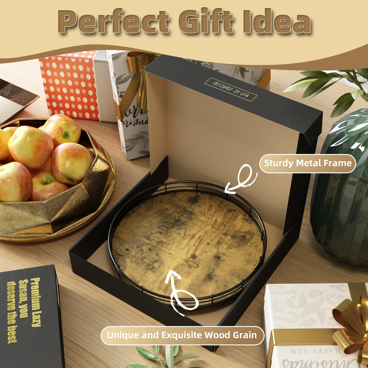 HGF Farmhouse 10" Lazy Susan Turntable Organizer for Table Top, Round Wooden Lazy Susan for Cabinet Kitchen Decor Centerpieces Coffee Table, Storage Condiments Spices, Bathroom Vanity Tray for Soap HGF