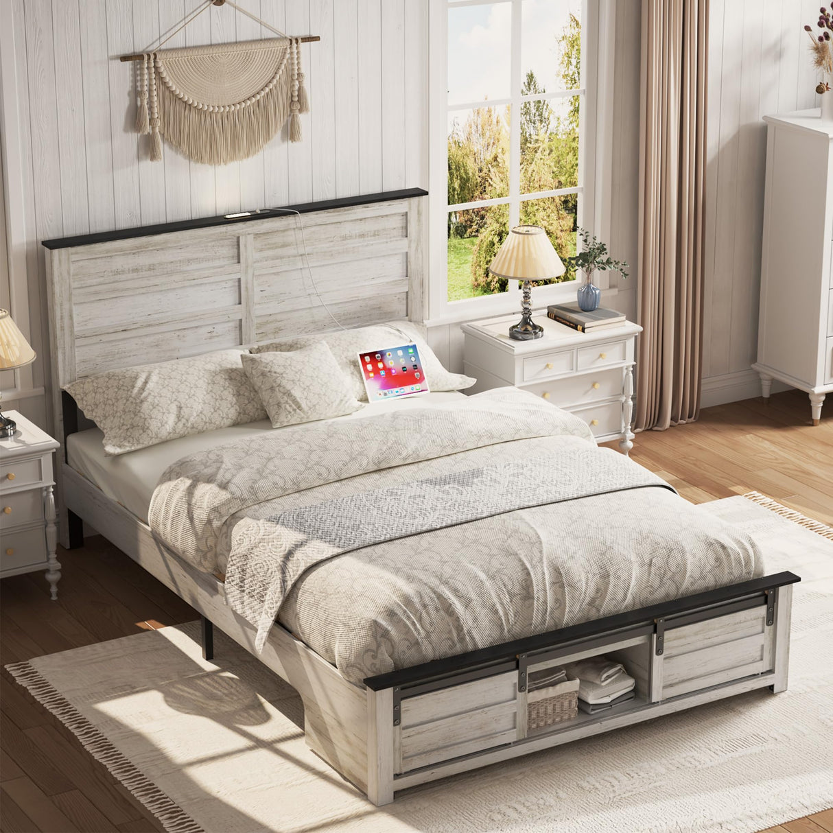 madeslves Wooden Bed Frame Full Size with Sliding Barn Door Storage Cabinets and Headboard, Farmhouse Platform Bedframe with Charging Station & Lights, Noiseless, No Box Spring Needed, White madeslves
