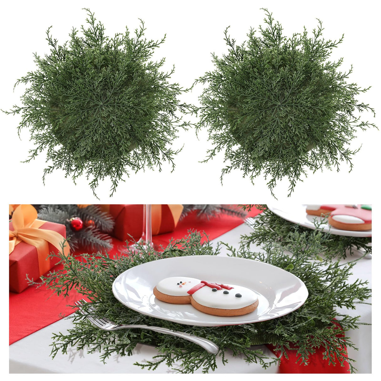 6 Pcs Christmas Pine Placemats 20 Inch Artificial Greenery Placemats Round Cedar Branch Place Mat Dining Table Mats for Xmas Party Decorations Holiday Reallnaive