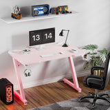 Furmax Gaming Desk Computer Desk Z-Shaped Gaming Table with Carbon Fibre Surface Home Office Desk PC Workstation Desk with Cup Holder, Headphone Hook Modern Style Desk (Pink, 44 inch) Furmax