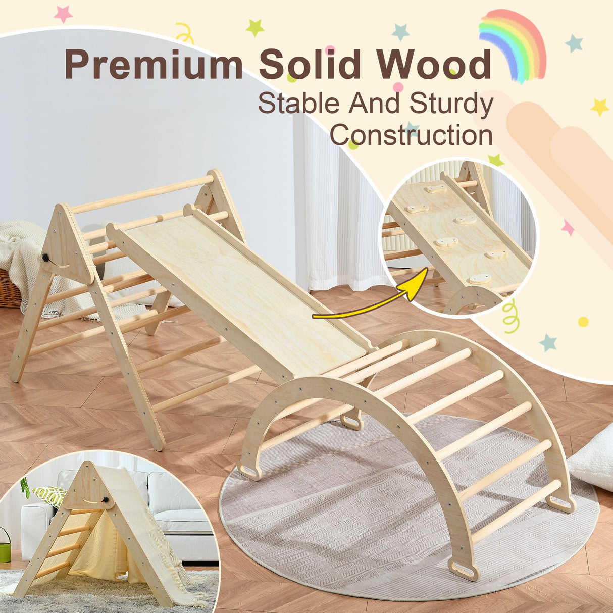 Pikler Triangle Set, Foldable Climbing Play Gym with Arch, Ramp, and Climbing Triangle, Wodden Toddler Climbing Toys Indoor, Montessori Learning Toy for Kids 2-12 Years OLLIKIVI
