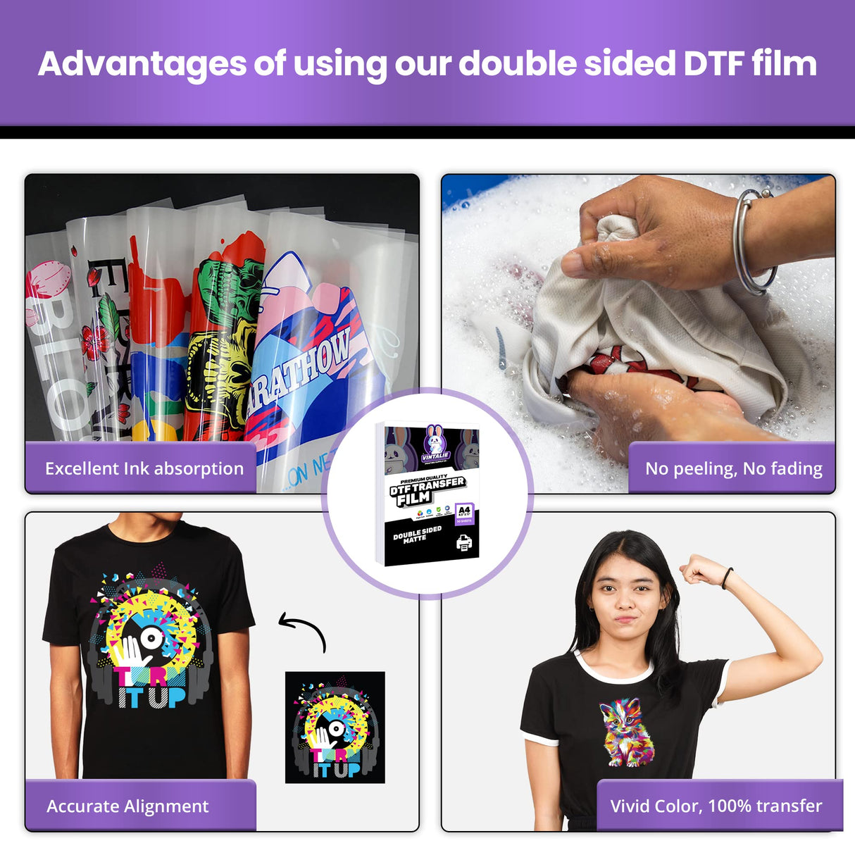 Vintalie DTF Transfer Film – A4 (8.5”x11”)50 Sheets Matte Double Sided DTF film for Epson/Inkjet printers,Heat Transfer Paper for light and dark fabrics,Direct to Film for sublimation Vintalie