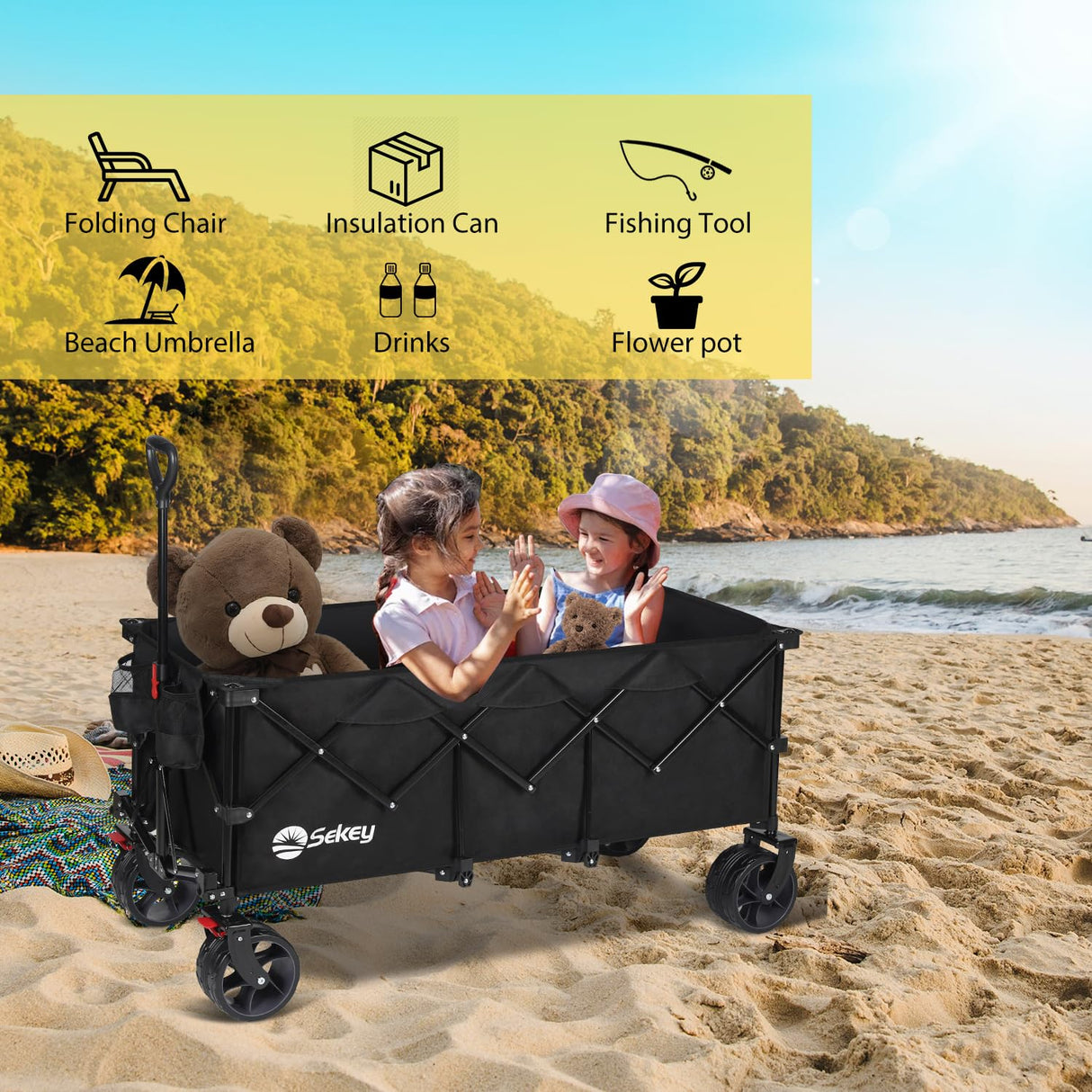 Sekey 48''L Collapsible Foldable Extended Wagon with 440lbs Weight Capacity, Heavy Duty 300L Folding Utility Garden Cart with Big All-Terrain Beach Wheels & Drink Holders. Black Sekey