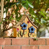 Glitzhome 10.75" L Distressed Solid Wood Hanging Birdhouse with 3D Flowers Rustic Two-Story Townhouse Hand-Painted Garden Bird Houses for Outdoors,Washed Yellow Glitzhome