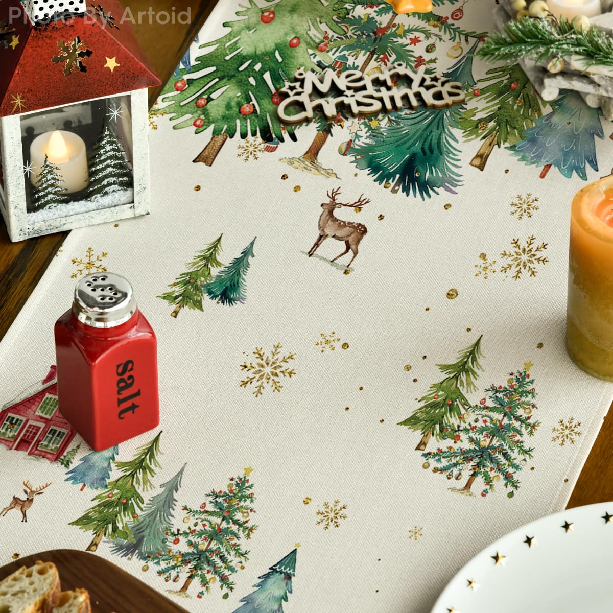 Artoid Mode Xmas Trees Silhouette Christmas Table Runner, Seasonal Winter Kitchen Dining Table Decoration for Home Party Decor 13x72 Inch Artoid Mode