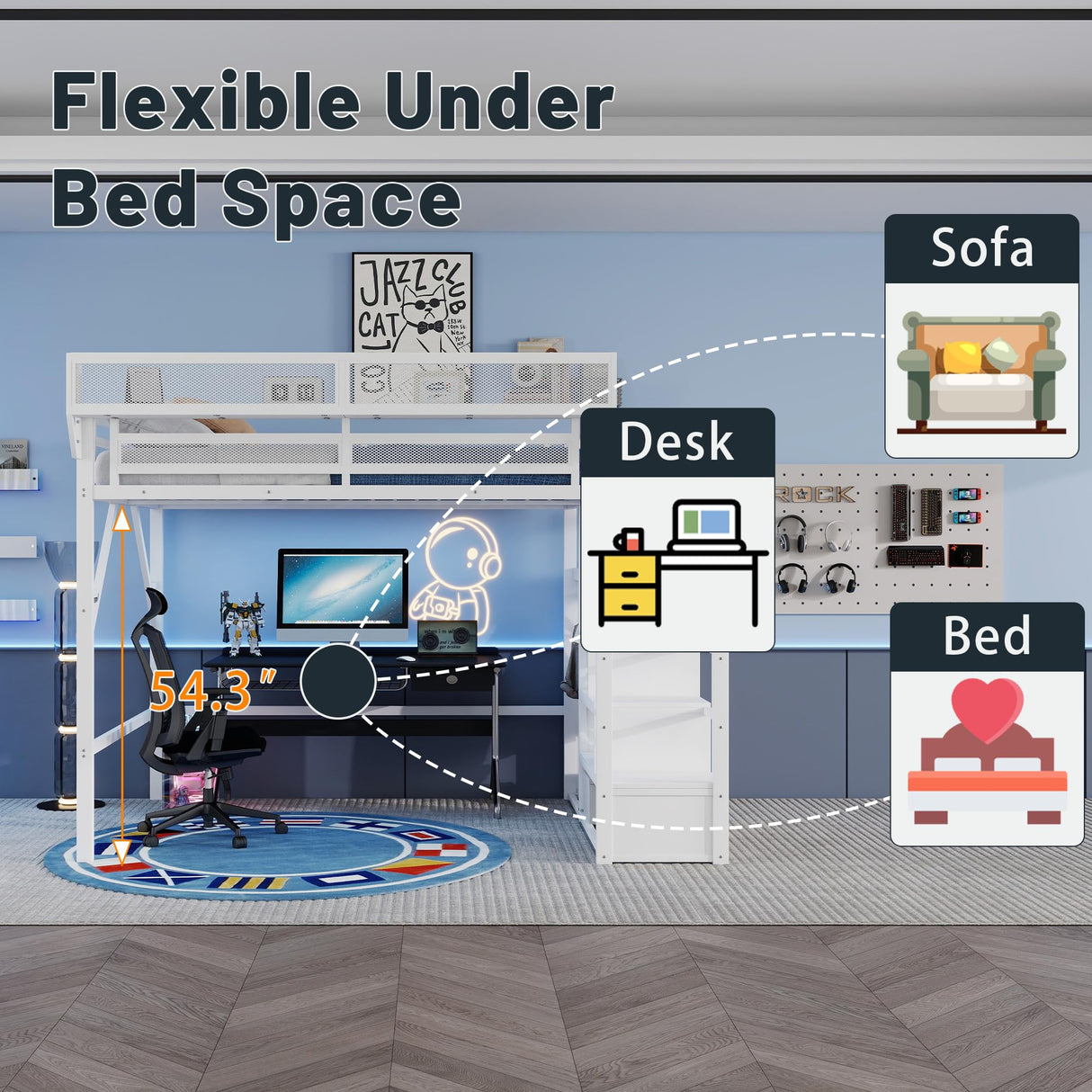 Duxelifin Queen Size Loft Bed with Staircase, Metal Loft Beds with Storage Shelves & Wardrobe, High Lofted Bed Frame, Loft Tall Bed for Boys Girls and Teens, No Box Spring Needed (White) Duxelifin