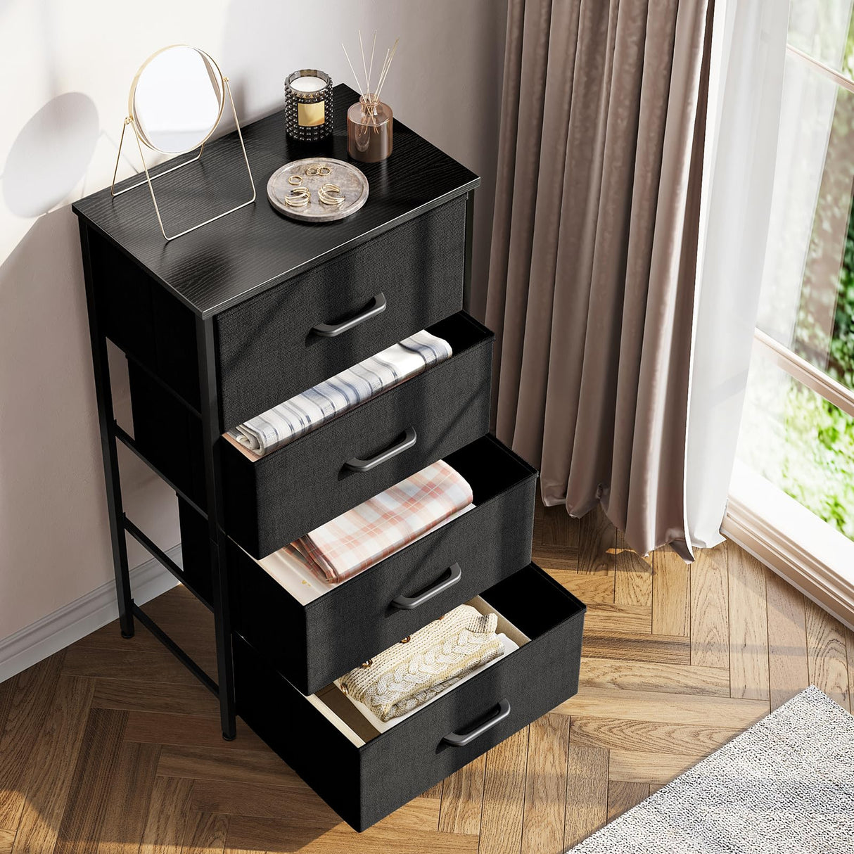ODK Dresser for Bedroom with 4 Storage Drawers, Small Dresser Chest of Drawers Fabric Dresser with Sturdy Steel Frame, Dresser for Closet with Wood Top, Black ODK