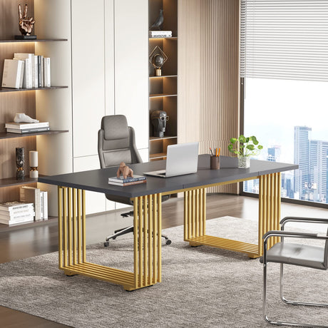 Tribesigns 70.9" Modern Executive Desk, Wood Office Desk, Grey Simple Computer Desk with Gold Metal Legs, Large Workstation Business Furniture for Home Office, Small Conference Table for Meeting Room Tribesigns