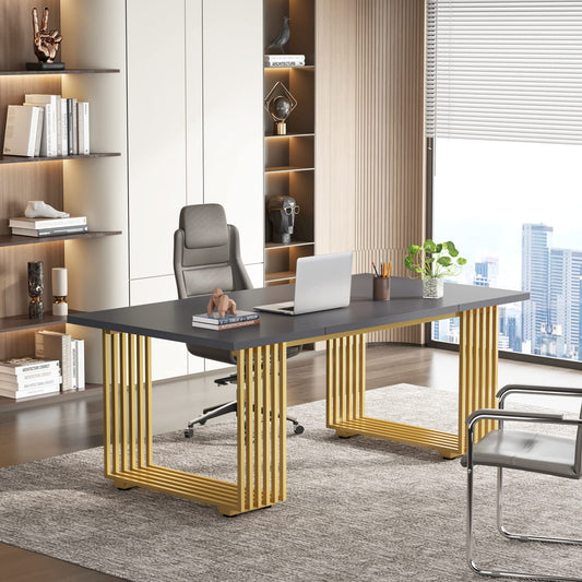 Tribesigns 70.9" Modern Executive Desk, Wood Office Desk, Grey Simple Computer Desk with Gold Metal Legs, Large Workstation Business Furniture for Home Office, Small Conference Table for Meet - WoodArtSupply