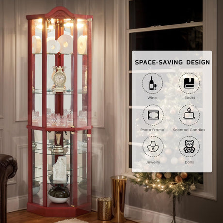 Eyisean Lighted Corner Curio Cabinet with Tempered Glass Doors and Shelves, 72" H Glass Display Cabinet with Curved Top Carving, Light Bulb Included, Rack for Liquor Storage and Living Room (Cherry) Eyisean