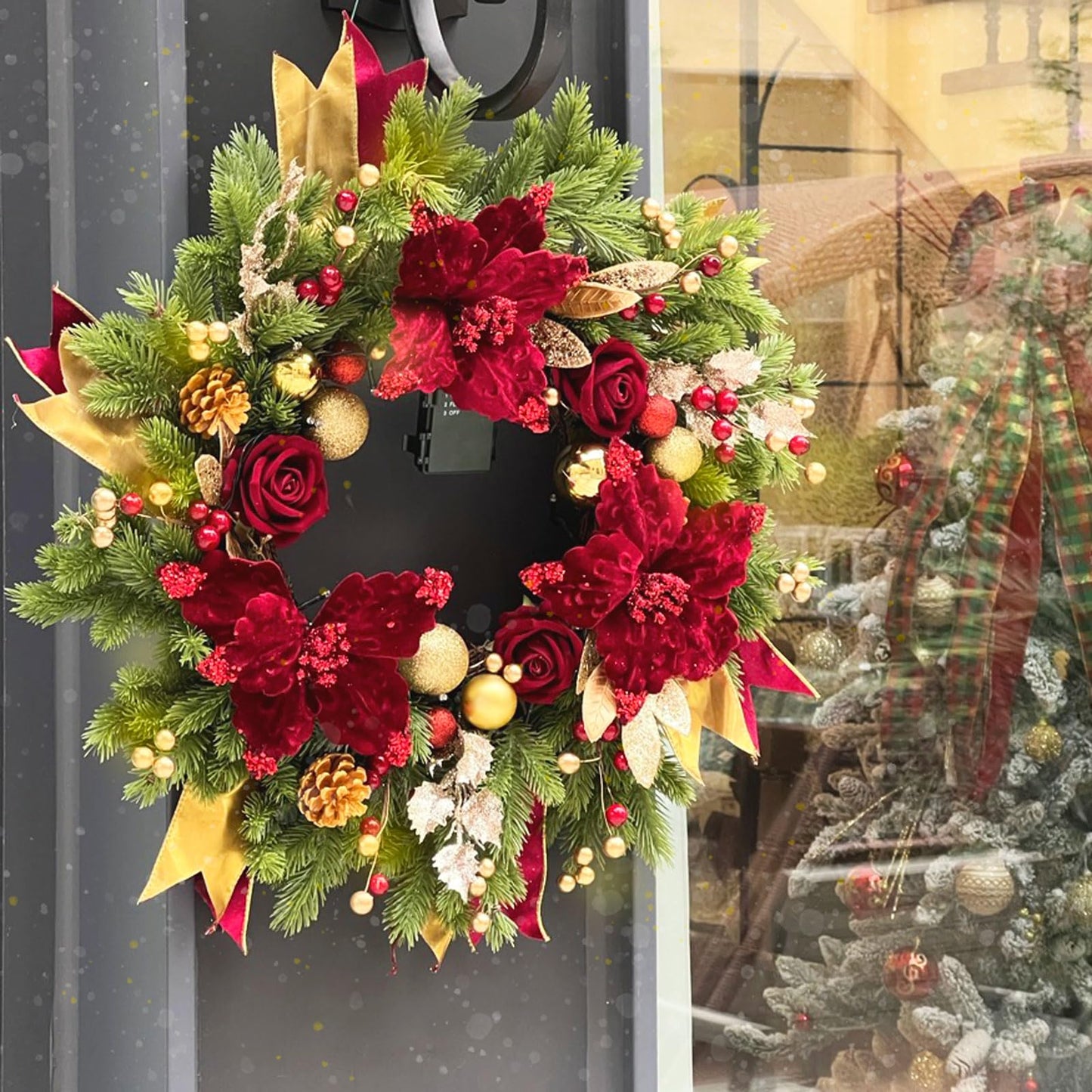 Christmas Wreaths for Front Door, Soomeir Outdoor Winter Wreaths, Large Welcome Wreath with Lights for Holiday Outside Indoors Office Mantle Window (Red Gold)