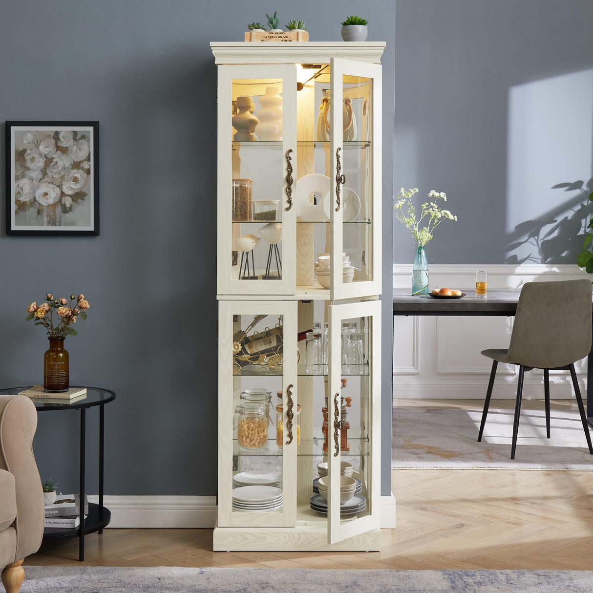 CKEASEAN Curio Cabinet 71" Lighted Glass Display Cabinet, Display Curio Cabinet with Adjustable Glass Shelves Vintage, China Cabinet Light Bulb Included, Curio Storage Cabinet with 6 Shelves (White) CKEASEAN