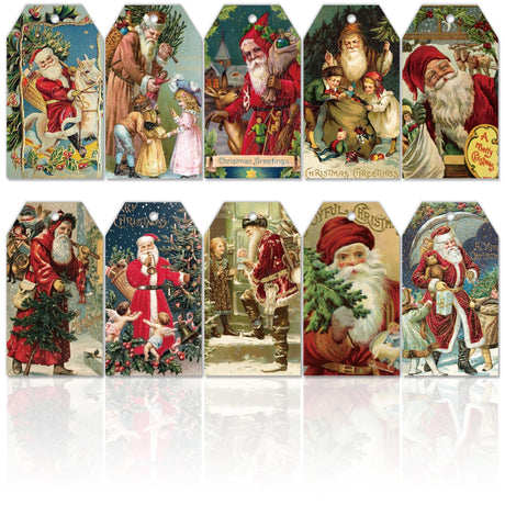 Whaline 120Pcs Vintage Christmas Paper Gift Tags with Hemp Rope Santa Hanging Tag with Pre-Punched Holes Xmas Favor Wish Labels, 10 Design Whaline