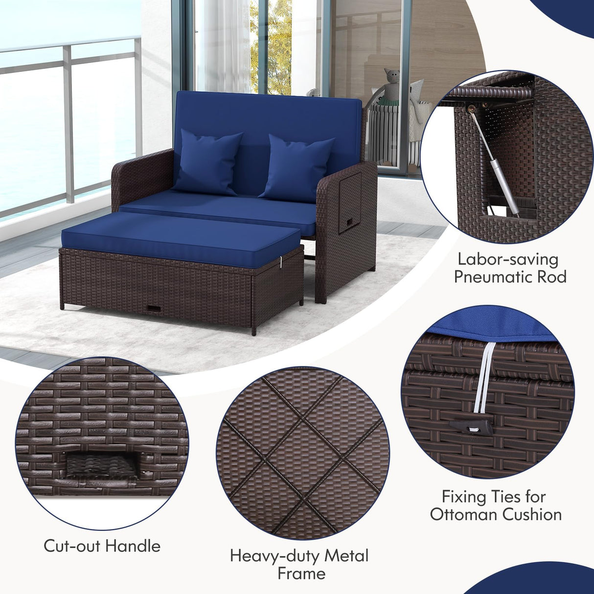 RELAX4LIFE Wicker Patio Outdoor Daybed - Rattan Day Bed Lounger with Loveseat & Storage Ottoman, Sunbed Sofa Set w/Cushions, 4-Level Adjustable Backrest & 2 Retractable Trays, Patio Daybed (Navy) RELAX4LIFE