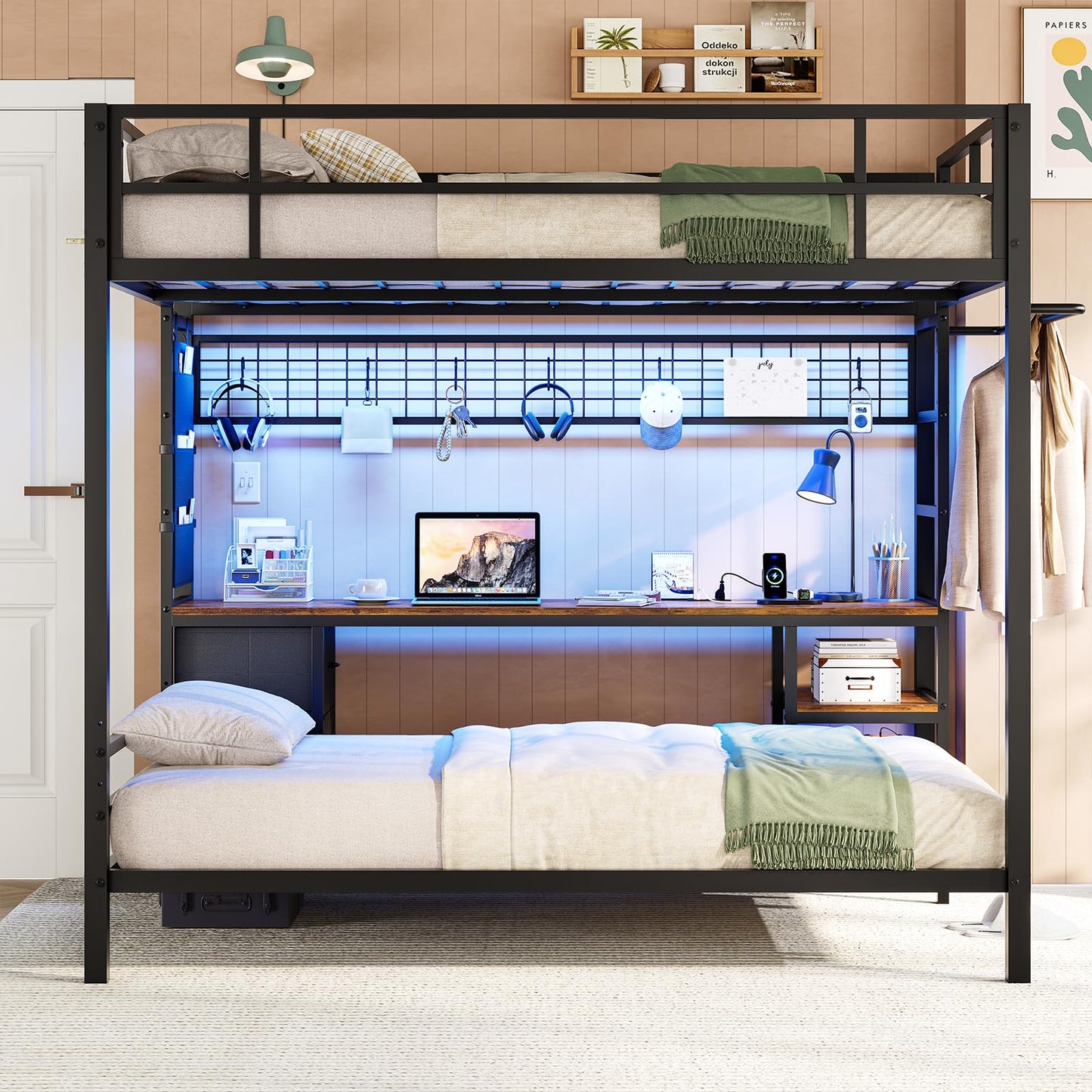 DICTAC Full Over Twin Metal Bunk Bed with Desk and LED Lighting – Black - WoodArtSupply