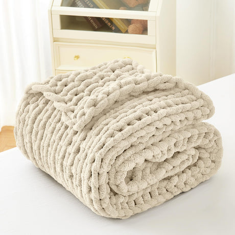 Admitrack Chunky Knit Blanket Throw 51"x63", 100% Hand Knit Chenille Throw Blanket for Sofa & Home Decor, Soft and Cozy Knitted Throw Blankets (Ivory，51"x63") Admitrack