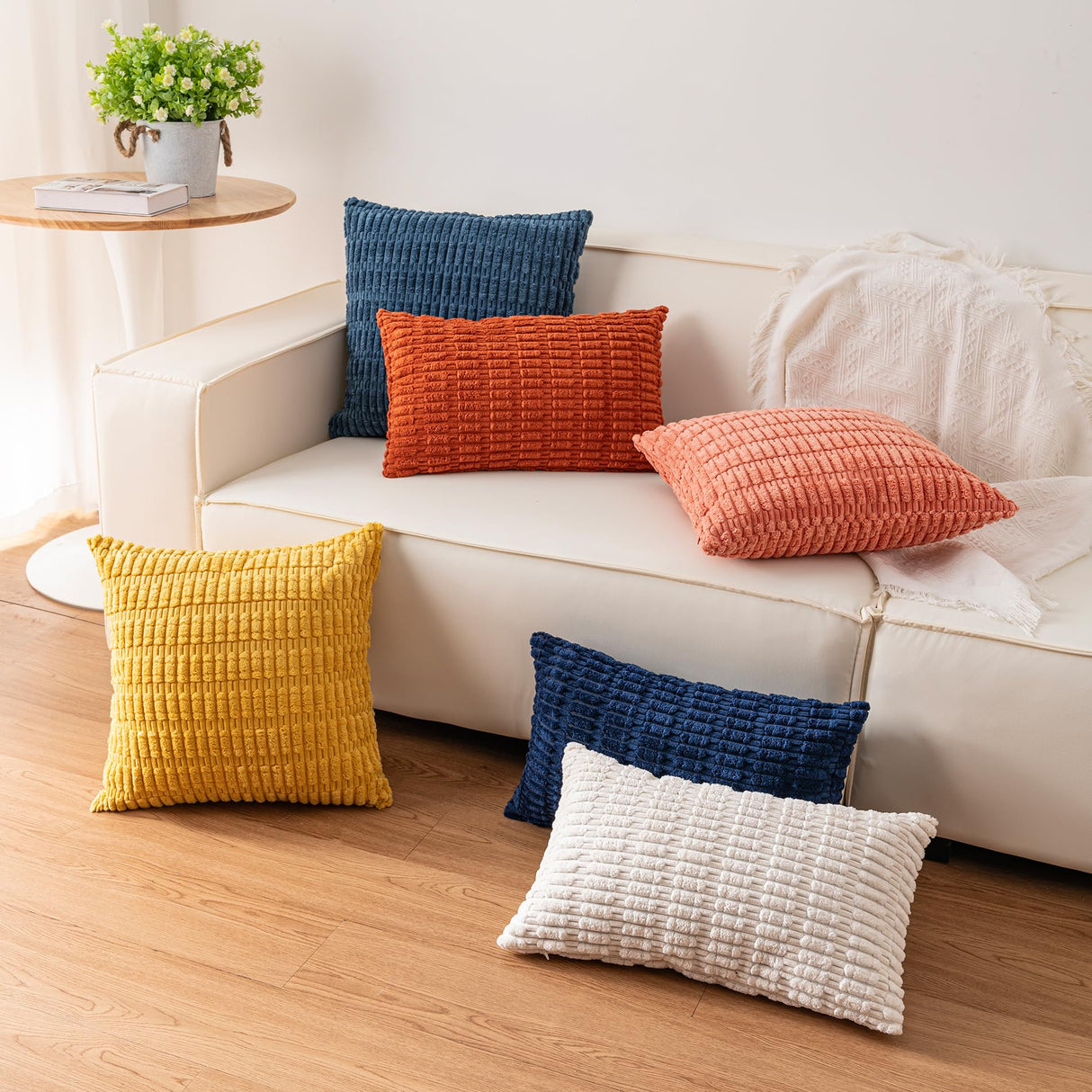 Aegero Pack of 2 Corduroy Decorative Throw Pillow Covers 18x18 Inch Soft Striped Pillow Covers Modern Farmhouse Home Decor for Sofa Living Room Couch Bed(Cream White) Aegero