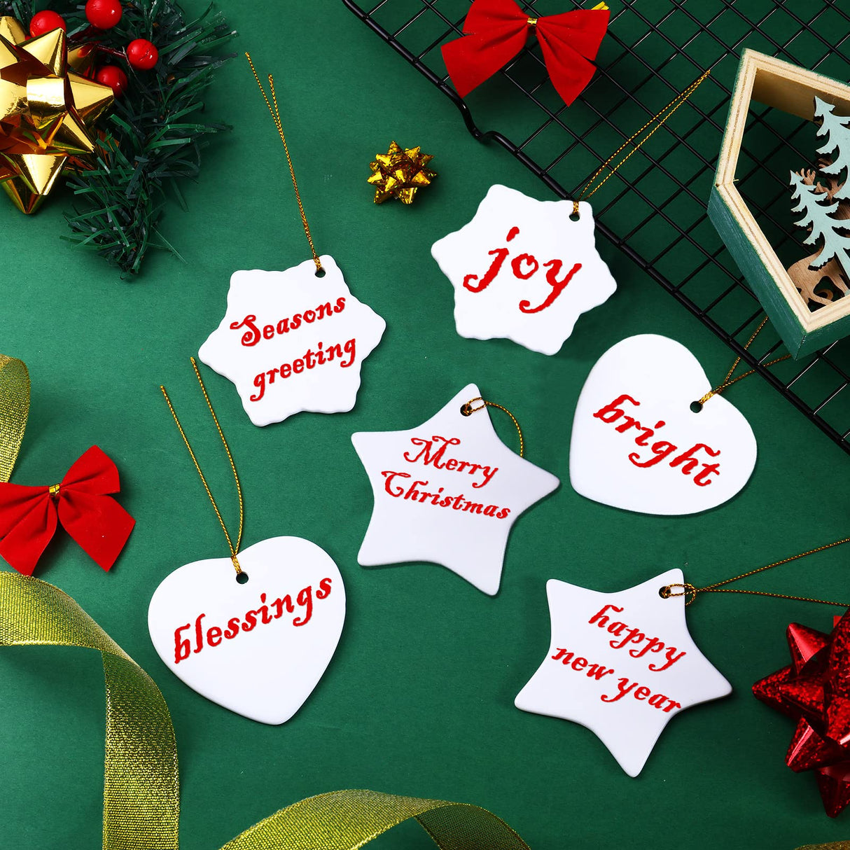 6 Pieces Sublimation Ceramic Ornament Blanks Christmas Snowflake Ceramic Ornament with Golden Ribbon Heart Hanging Decorations Personalized Sublimation Pendant for Crafting DIY Christmas Tree Decor WILLBOND