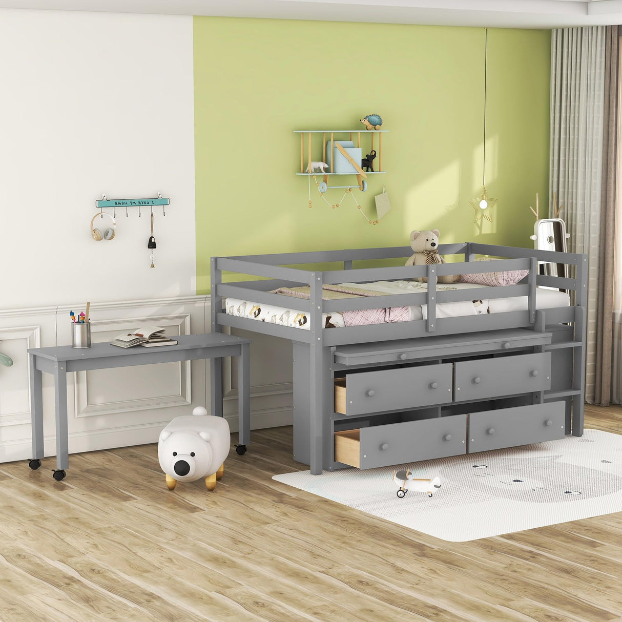Kids Twin Low Loft Bed with Portable Desk and Storage Drawers in Gray by Harper & Bright Designs Harper & Bright Designs