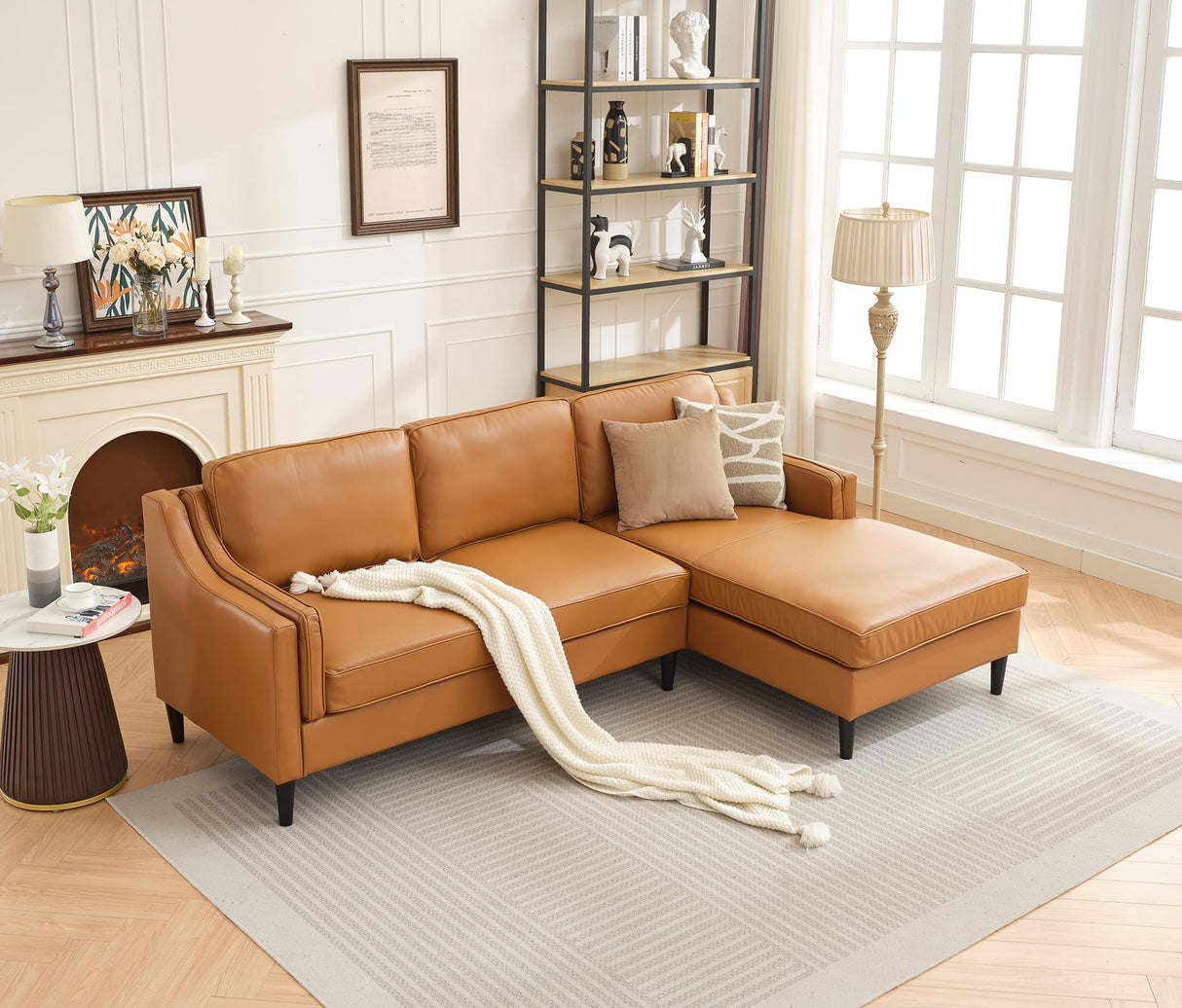94'' Modern Genuine Leather Upholstered L-Shaped Sofa with Double Layer Curved Armrests and Chaise Lounge for Living Room (Tan, Right-Hand Facing) Familymill
