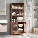 MAHYIZYI 71" Tall Bookshelf with Glass Doors, 5-Tier Arched Bookcase with Storage & Adjustable Shelf, Freestanding Wood Book Shelf Modern Farmhouse Display Cabinet for Living Room, Office (Walnut) MAHYIZYI