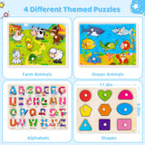 Wooden Peg Puzzles for Toddlers 2 3 4 Year Old, 4 Pack Montessori Toys Preschool Learning Puzzles for Toddlers 1-3 with Animals, Shapes, Alphabet, Wooden Toddler Toys Gifts for Kids Boys Girls Peacurh