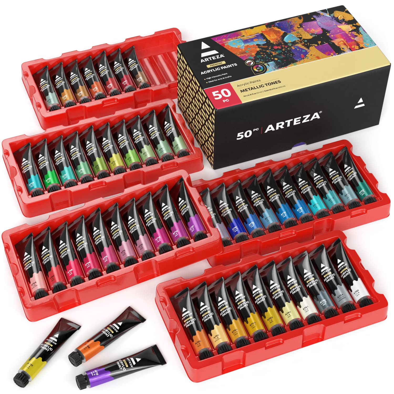 Arteza Metallic Acrylic Paint Set, 50 Colors, 0.41 fl oz/12ml Tubes of Craft Paint, Heavy-Body, Colorful Addition to Your Art Supplies - WoodArtSupply