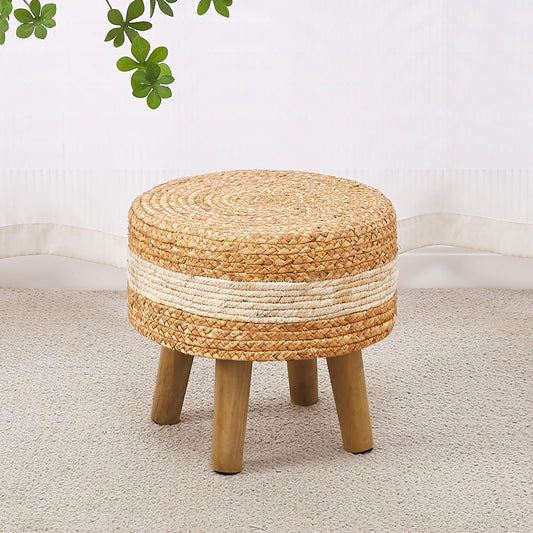 Cpintltr Round Ottoman Natural Seagrass Footstool Hand Weave Water Hyacinth Poufs Eco Friendly Sofa Foot Stool Soft Step Stool Padded Foot Rest with Pine Legs for Living Room Bedroom White