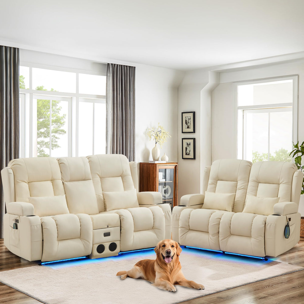 TUNYI Power Loveseat Recliner Sofa, Faux Leather Reclining Sofa with Console RV Reclining Loveseat Couch with USB/Outlet/Storage/Side Pocket/LED Light/Speaker (Cream White, Loveseat) TUNYI