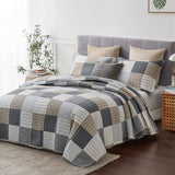 Y-PLWOMEN Plaid Quilt King Size - 100% Cotton Farmhouse King Quilt with 2 Pillow Shams, Breathable Lightweight Comforter Quilted Bedspreads Bedding Set, Grey Brown, King(98 * 106 Inch) Y-PLWOMEN
