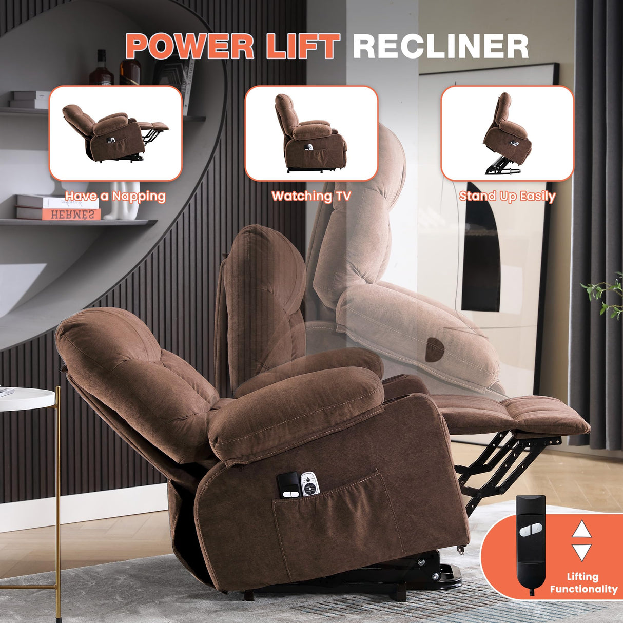 MAHOMICO Power Lift Recliner Chair for Elderly with Vibration Massage and Lumbar Heating, Electric Lift Recliner Single Sofa with Side Pocket, Two Cup Holders and USB Charge Port for Living Room MAHOMICO