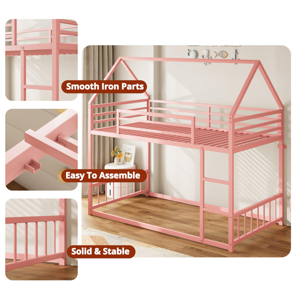 LIKIMIO Bunk Bed Twin Over Twin, House Bunk Bed Frame with Ladder and Guardrail, House Shaped with Metal Slats for Dormitory and Bedroom, Space Saving, No Box Spring Needed, Pink LIKIMIO