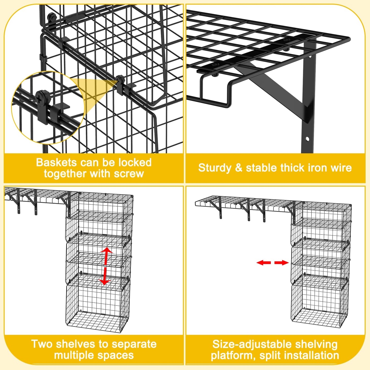 X-cosrack Wall Mounted Garage Shelving with Wire Basket, Heavy Duty Garage Wall Mounted Shelving with Dividers, Wire Shelving Basket Tool Organizer for Home Garden Garage Organization and Storage