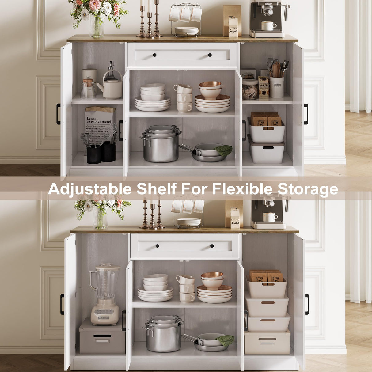 Buffet Cabinet with Storage, 55" Large Sideboard Storage Cabinet with Drawer, 4 Doors and Shelves, Modern Farmhouse Coffee Bar Table Kitchen Island Credenza for Kitchen, Entryway, Dining, Living Room Vividwood