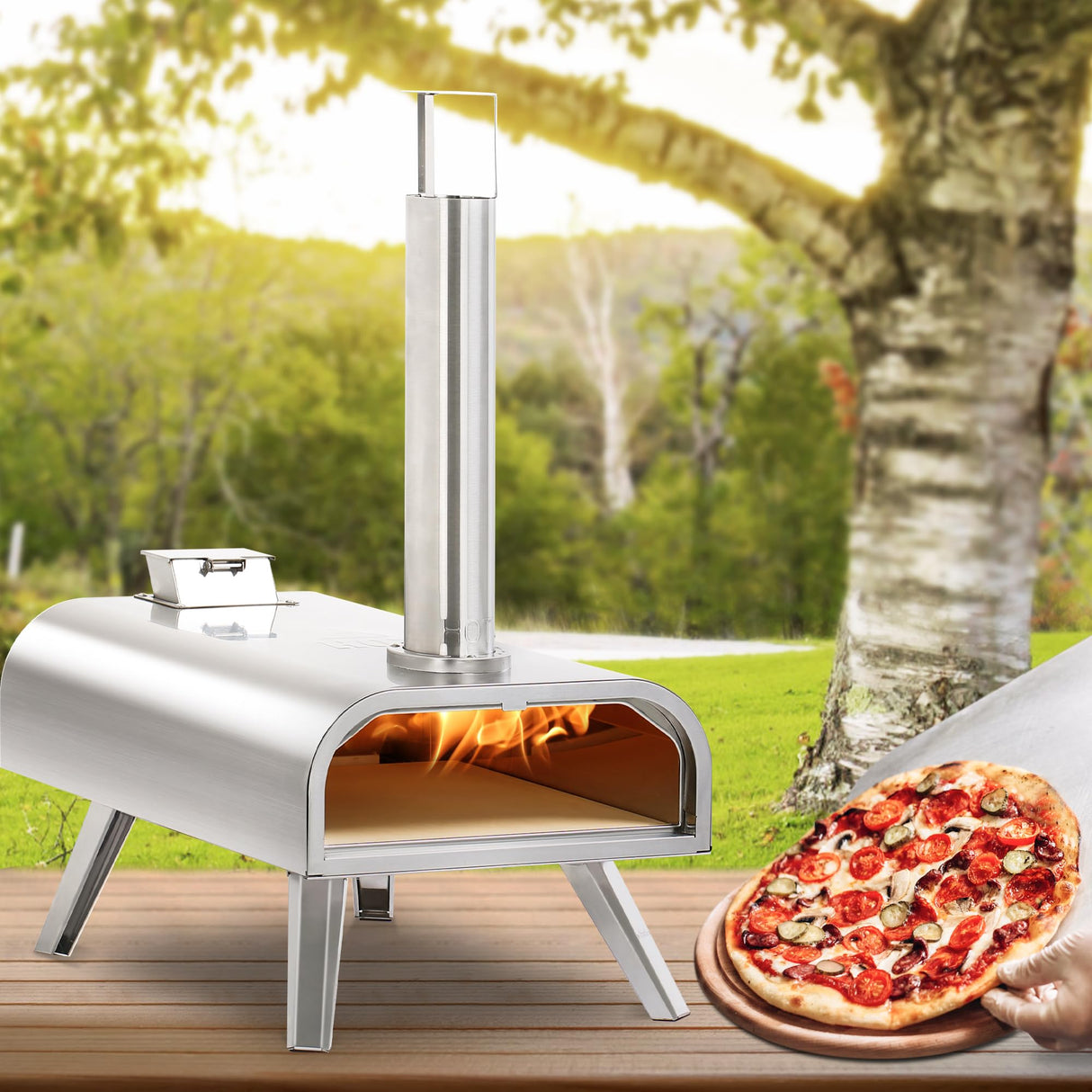 BIG HORN OUTDOORS 16 Inch Wood Pellet Burning Pizza Oven Pellet Pizza Stove, Portable Stainless Steel Pizza Oven with Pizza Stone for Outdoor Backyard Pizza Maker Garden Kitchen BIG HORN OUTDOORS