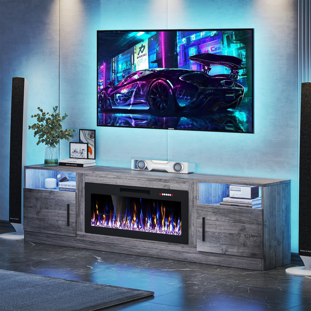 VITESSE TV Stand with 36" inch Electric Fireplace Up to 90" TVs, LED Light Entertainment Center, 80" Modern Wood High Gloss Fireplace with Highlight Storage Cabinet for Living Room (Grey) VITESSE
