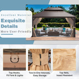 MELLCOM 10' x 13' Hardtop Gazebo, Galvanized Steel Metal Double Roof Aluminum Gazebo with Curtains and Netting, Brown Permanent Pavilion Gazebo with Aluminum Frame for Patio, Lawn & Garden MELLCOM