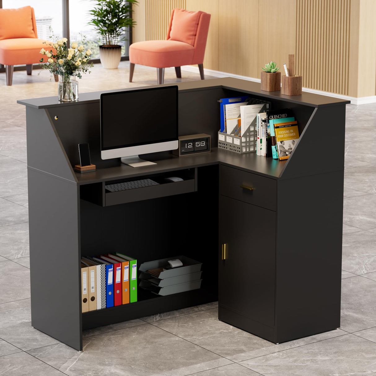 PAKASEPT Reception Desk with LED Lights, L-Shaped Modern Front Desk with Glass Display Shelf, Reception Counter Table for Lobbies, Salons, Retail, Home Offices (Black) PAKASEPT