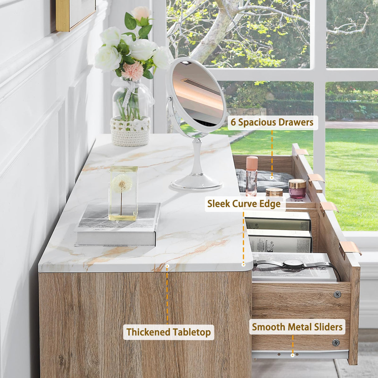 6 Drawers Dresser for Bedroom, 54" Large Storage Dresser, Farmhouse Wood Dressers with Faux Marble Top, Modern Dressers & Chests of Drawers for Living Room Entryway, Fluted Curved Profile, Natural Oak GIAJORYA