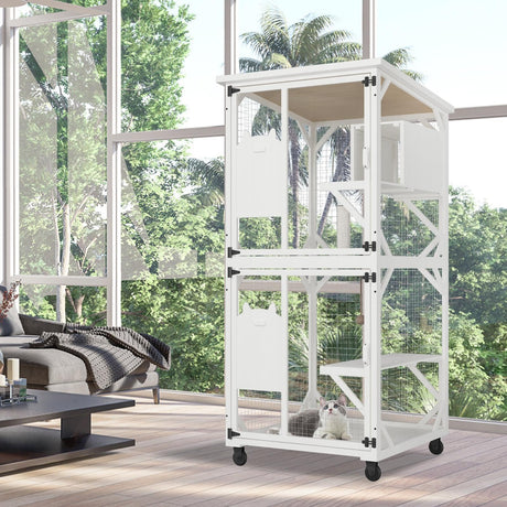 MODCART Catio Outdoor Cat Enclosure with Roof 71" Height Large Wooden Cat Cage with 3 Jumping Platforms and 1 Napping Houses for Cat (White) MODCART