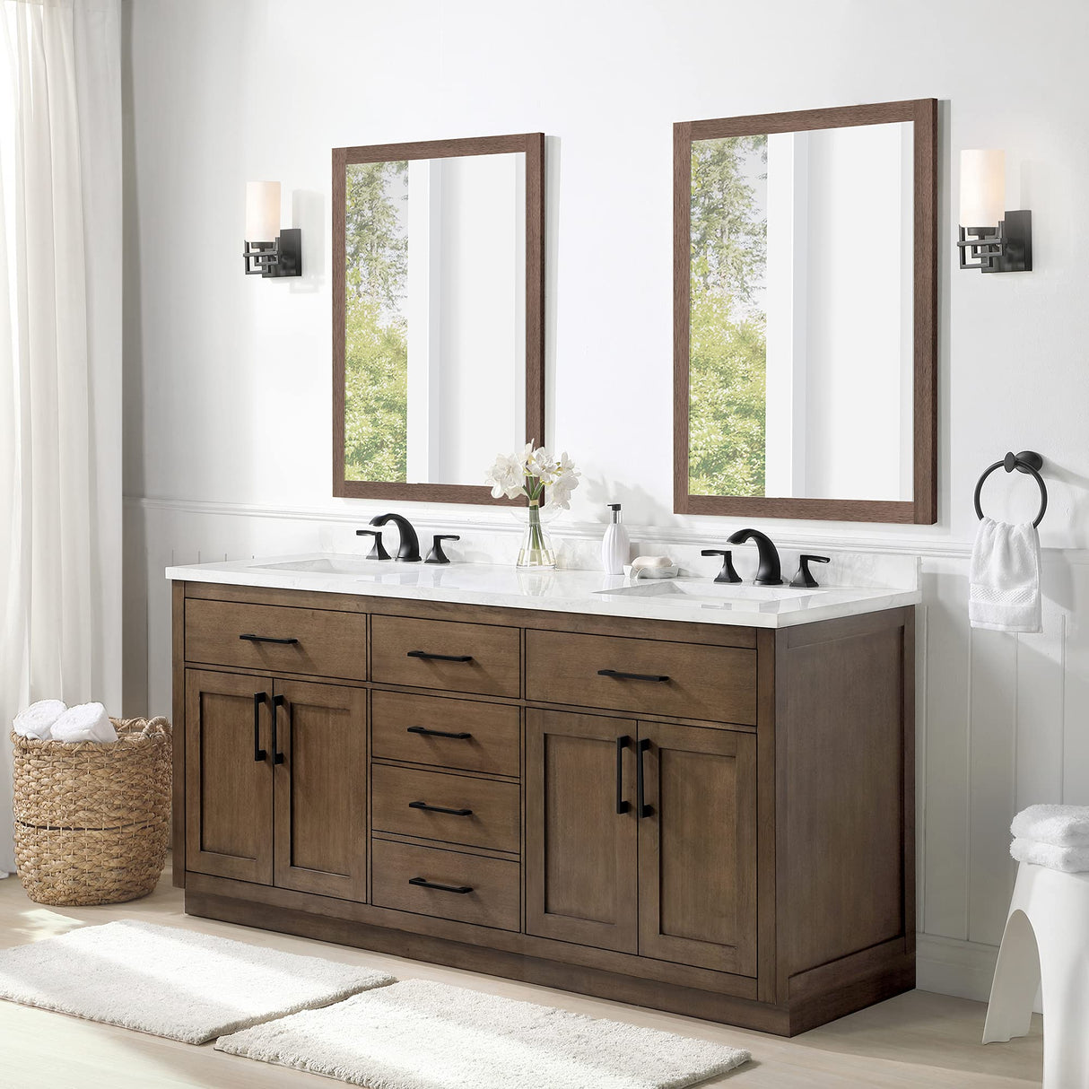 OVE Decors Maya Plus 72 in. Double Sink Bathroom Vanity in Almond Latte Finish, Black Hardware and Included Power Bar OVE Decors