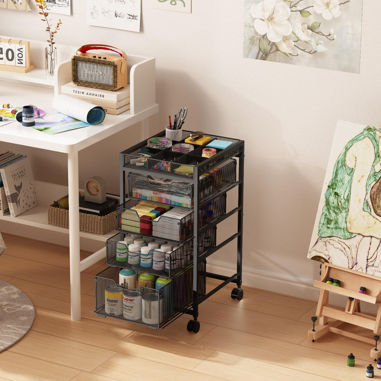 Rolling Utility Cart with 4 Drawers, Craft Organizer and Storage Carts with DIY Divider, Lockable Wheels Storage Organizer for Art Supplies, Store for Brushes & Paints & Artifacts & Small Parts Hayexiha