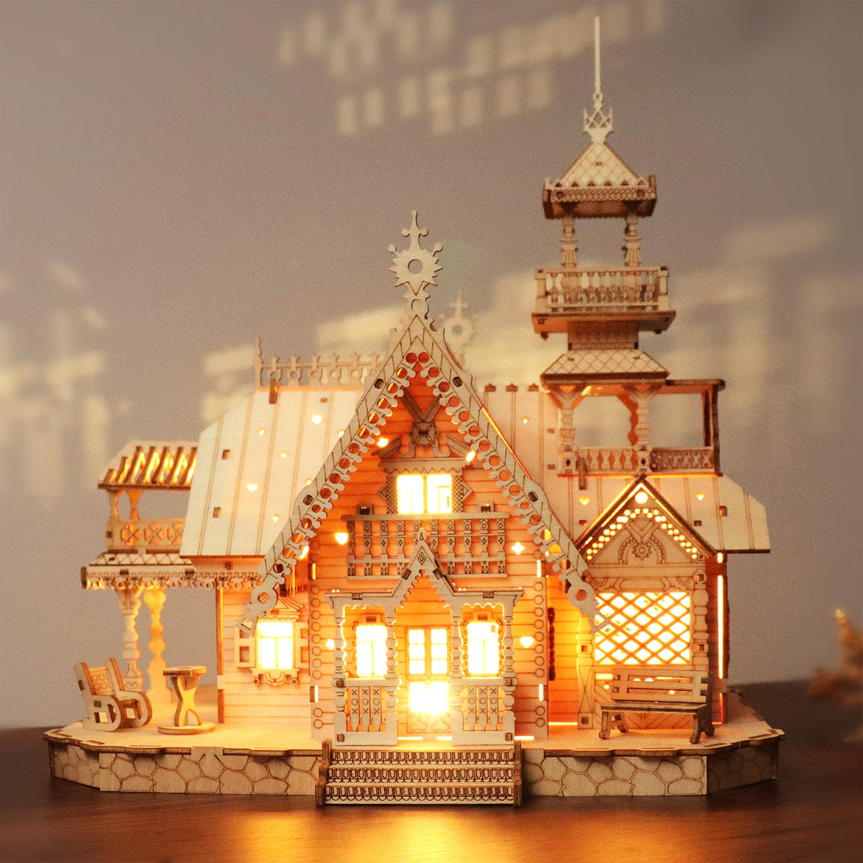 KWASVLYA Vintage Villa 3D Wooden Puzzle,Building Kits for Adults and Teens,Educational Brain Teaser Assembly Model with LED Lights,Skill Building and Creative Fun KWASVLYA